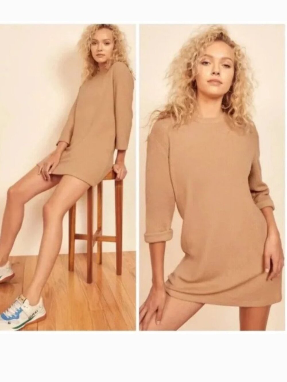 Reformation Jeans Channing Ribbed Sweater Dress Buff Beige Tan Size XS